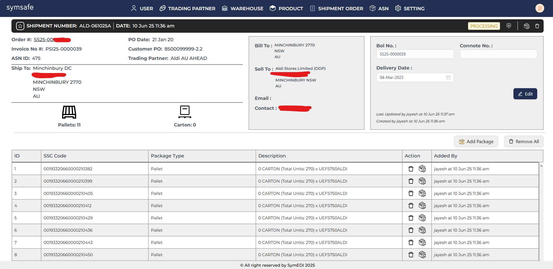 SymSafe Shipment ASN Detail