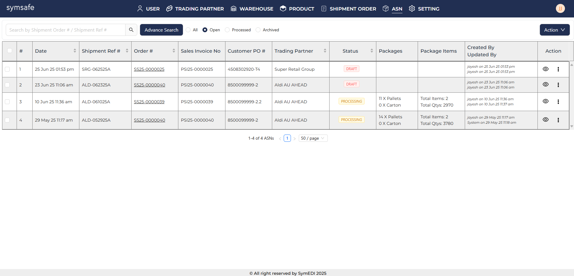 SymSafe Shipment ASN