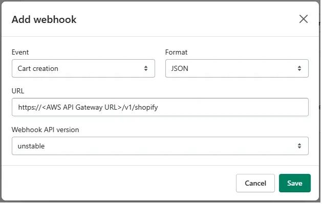 Shopify webhook setup for order creation