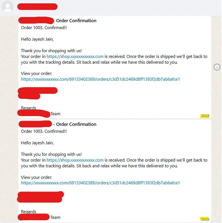 WhatsApp order confirmation message sent after Shopify order