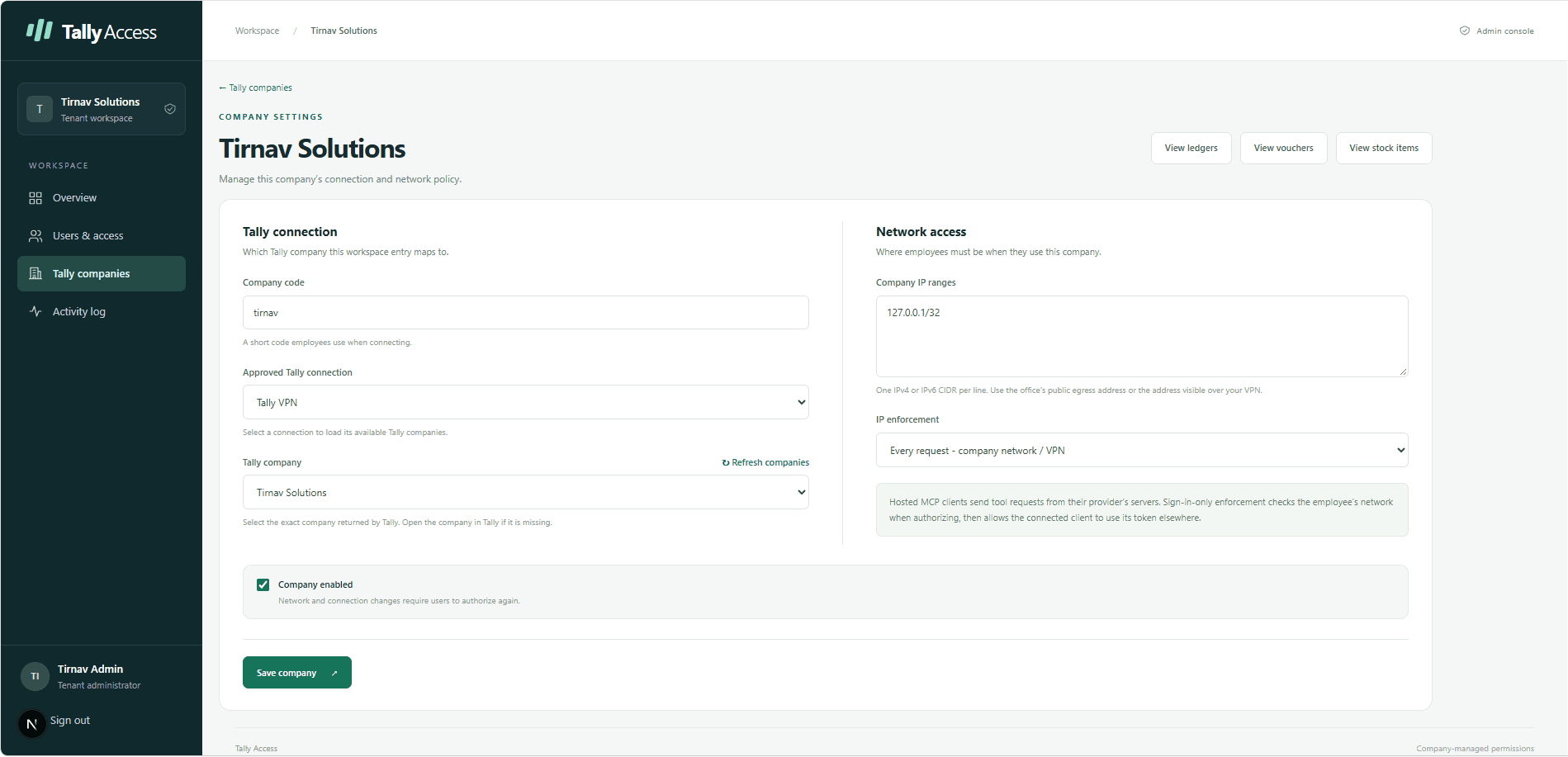 Tally Access company settings: Tally connection over VPN, company code, Tally company mapping and company IP range enforcement