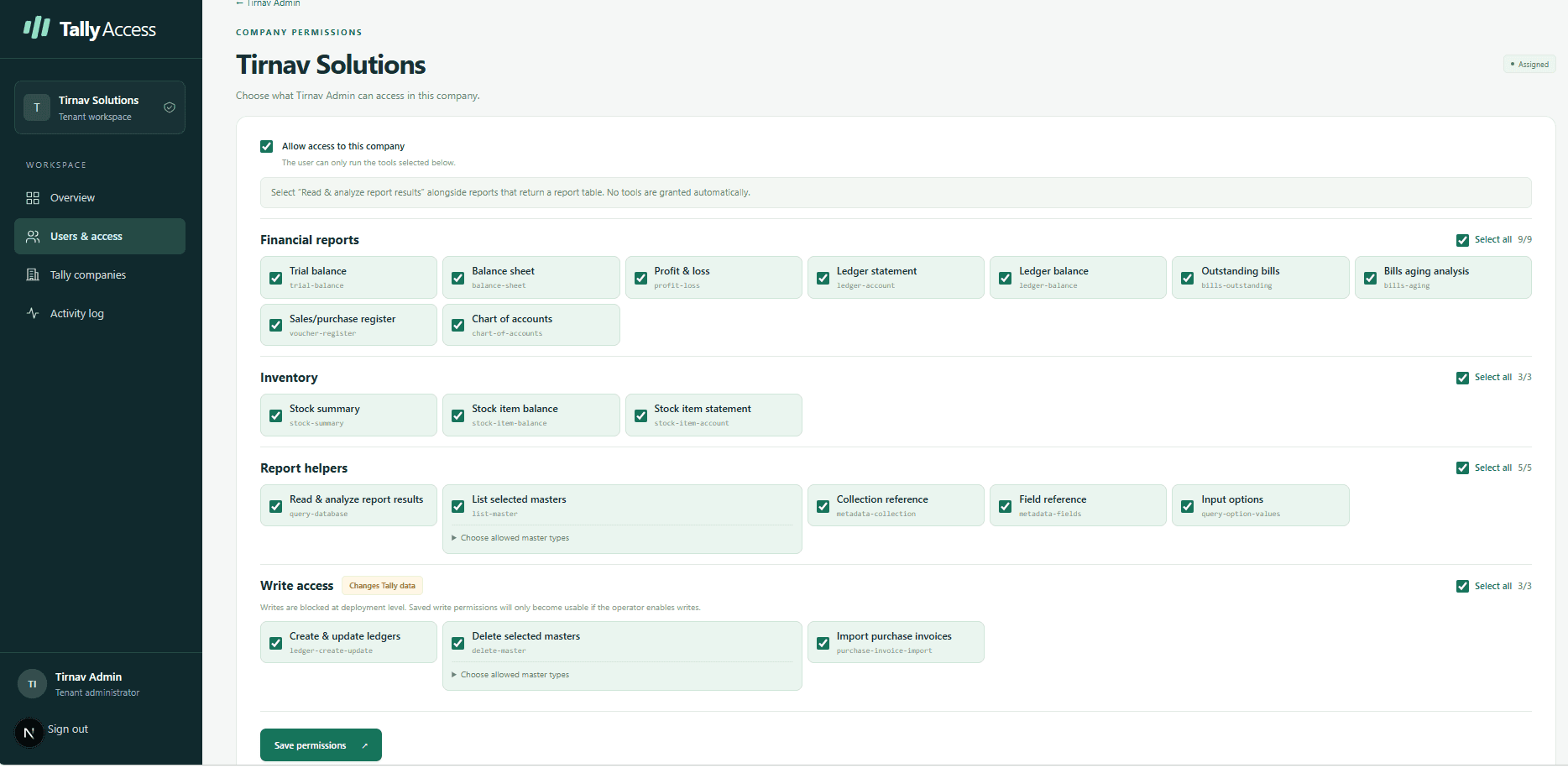Tally Access company permissions screen: per-user checkboxes for financial reports, inventory, report helpers and write tools, with write access marked as blocked at deployment level