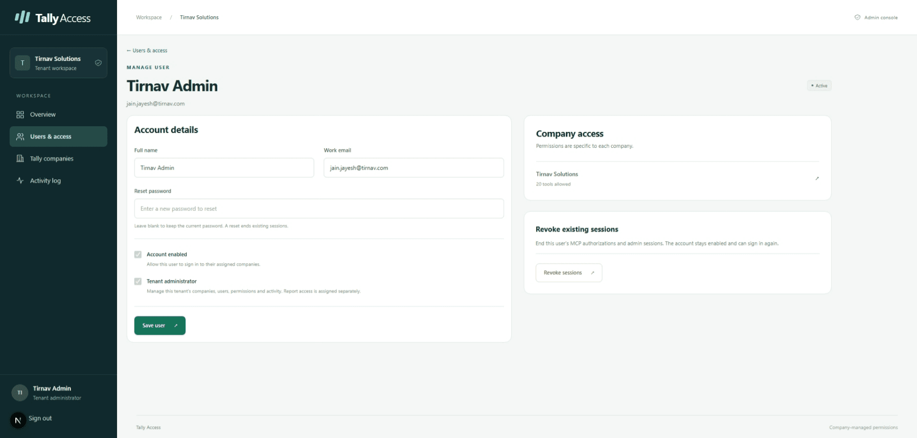 Tally Access user management: account details, per-company tool access and a control to revoke a user's MCP sessions